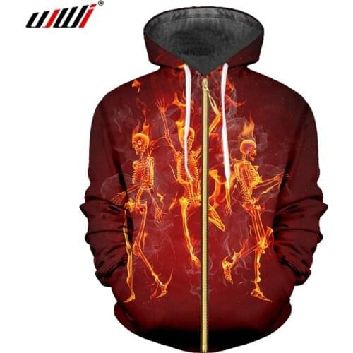 UJWI New Funny Shine Zip Hoodies 3D Printed Man Interesting Zipper Coat Black Red Creative Dance Flame Skulls Mens Clothing