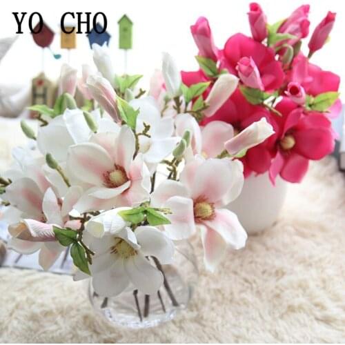 YO CHO Wedding Flower DIY Bouquet Silk Magnolia Artificial Flower Single Branch Fake Orchid Home Party Wedding Table Decorations