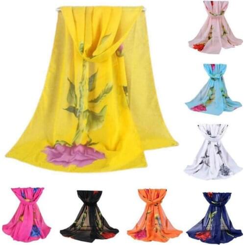 Womens Long Soft Rose Flower Print Lady Retro Shawl Silk Chiffon Scarf Ethnic Big Flower Hijab Scarfs 50cm * 150cm