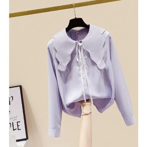 Womens Korean Fashion Shirt 2021 Spring New Lace-up Bowknot Beaded Doll Collar Long-sleeved Chiffon Shirt Female Blouse Top