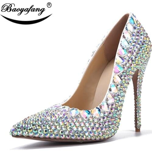 BaoYaFang 2019 New arrive Crystal Pointed Toe Wedding shoes Bride fashion Party Heels Pumps Woman Metal Thin Heel fashion shoes