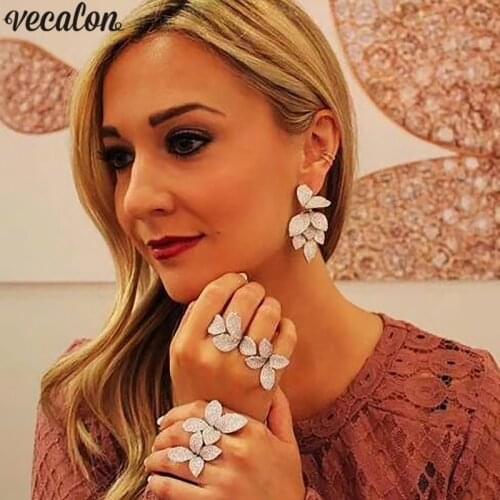 Vecalon Flower Leaf Party ring Mirco Pave 5A Zircon Cz 925 Sterling Silver Engagement Wedding Band rings for women Jewelry
