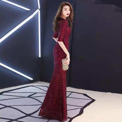 Stretch sequin sexy mermaid half sleeves vestidos de fiesta de noche prom party evening dresses robe de soiree gown long frock