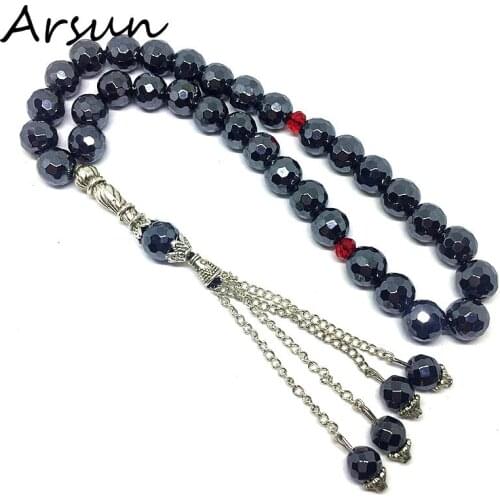 100% Original Natural Faceted Hematite Stone Muslim 33 Prayer Beads Islamic Allah Prayer Rosary Tesbih Islam Misbaha
