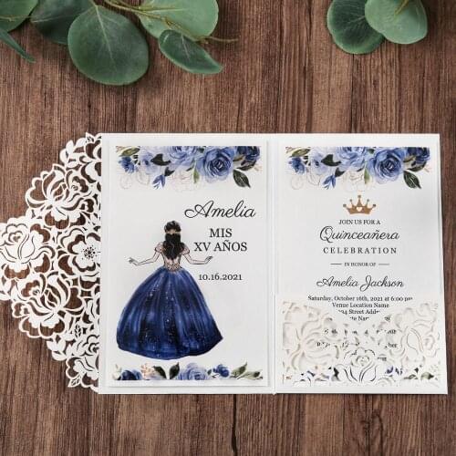 100pcs White Laser Cut Floral Invitation Cards for Wedding / Party / Quinceanera / Anniversary / Birthday, CW0008