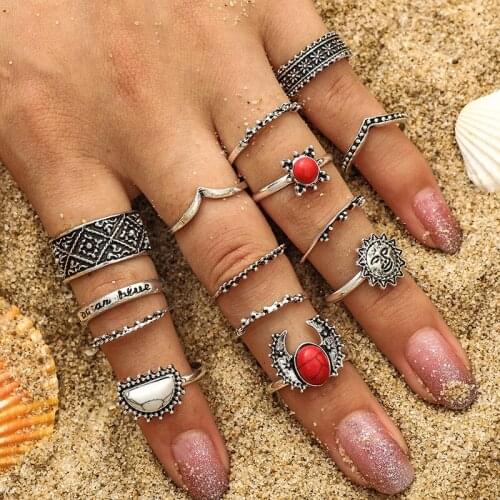12 Sets/Lot Vintage Knuckle Ring Set For Women Men Crown Totem White Stone Moon Middle Finger Rings Retro Silver Color Jewelry