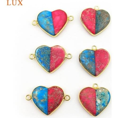 2pcs Natural Emperor Stone Gold Heart Shape Two Hole Connector Pendants Exquisite Charm Woman Jewelry Making Necklace Bracelet