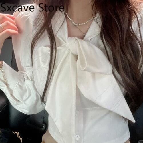 Bow Blouse and Tops Women Casual Design Elegant Chiffon Shirts Office Lady Korean Style Pure Color Blouse Female 2021 Autumn Y2k
