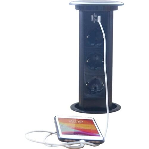 Real Tempered Glass Top lid Electric Automatic Lifting Pop-up Socket 3 Schuko Power outlet+2 USB Charging Port