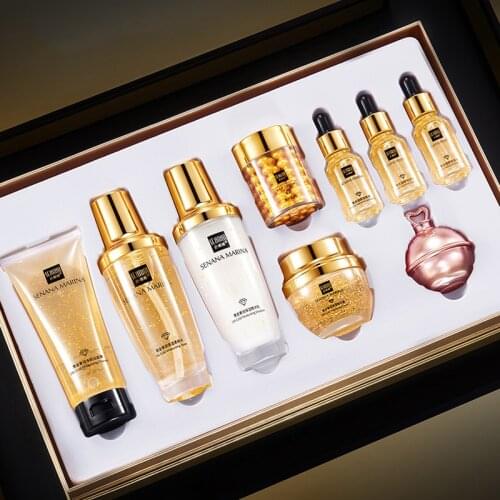 Women 24K Gold Essence Skin Care 9 Piece Set Box Moisturizing Fine Pore Deep Clean Delicate Oil Control Refreshing