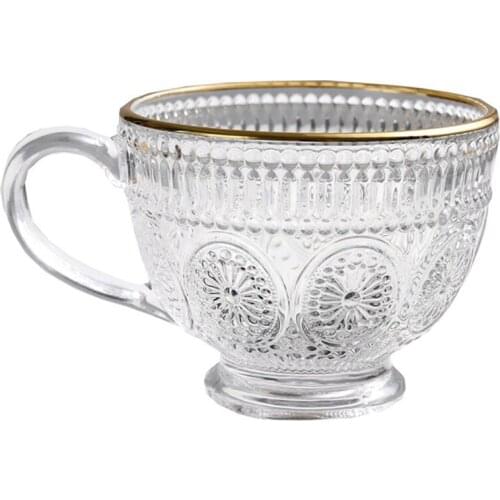 European Glass Cup Mug For Milk Breakfast Household Water Beer Drinks Wine Cup With Handle Sun Flower Retro Embossed 400ml