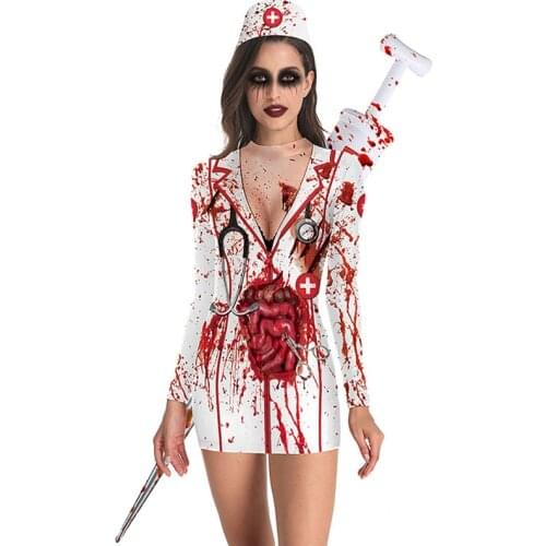 Halloween Party Cosplay Horror Nurse Zombie Costume For Adult Women Scary Bloody White Dress Uniform Fancy Clothing Outfit