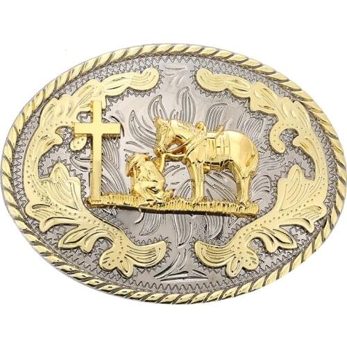 Western Cowboy Belt buckle Gold Oval Shape cross horse pray belt buckle for man zinc alloy width 4.0cm