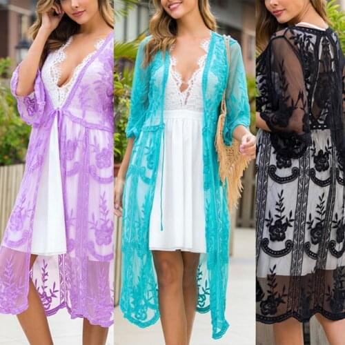 Hot Sales Women Lace Flower Flare Sleeve See Through Long Cardigan Bikini Outer Cover Up