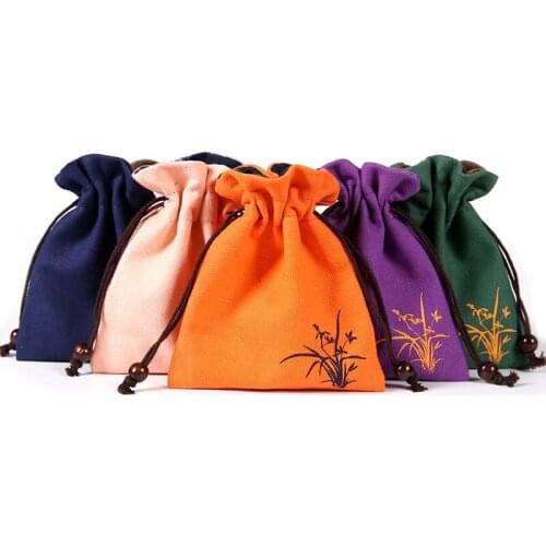 Orchid Small Cloth Pouch Drawstring Velvet Bag Travel Jewelry Storage Bag Thicken Linen Packaging Bag Bracelet 2pcs/lot