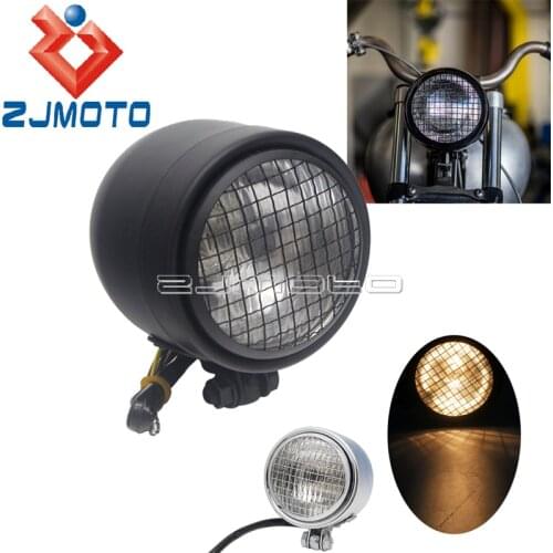 Single Dominator Motorcycle Black Mesh Grill Vintage Headlight 12v High/Low Beam Head Lamp For Cafe Racer Chopper Bobber