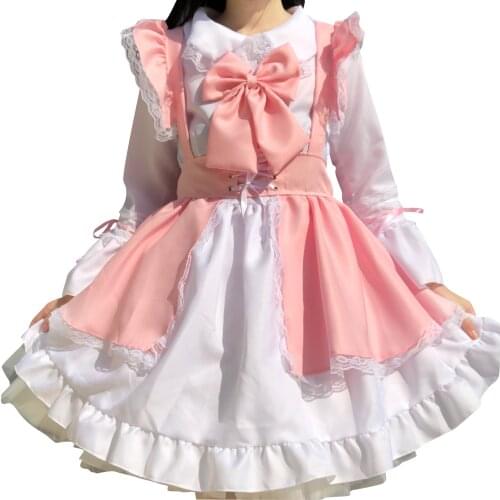 2021 New Women Maid Outfit Unisex Pink Lolita Dress Anime Long Dress Princess Dress Apron Cosplay Costume Halloween Party Dress
