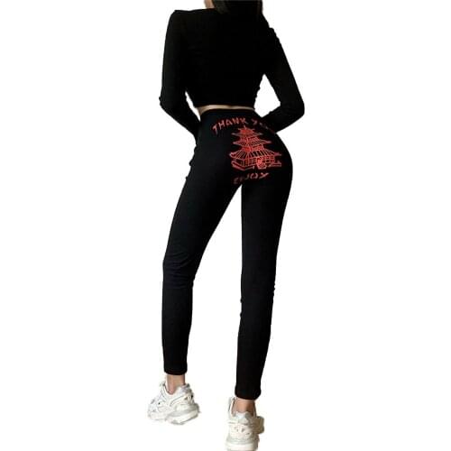 New Fashion Women Ladies Autumn Casual High Waist Sport Pants Personality Building and Letter Print Tight-fitting Trousers