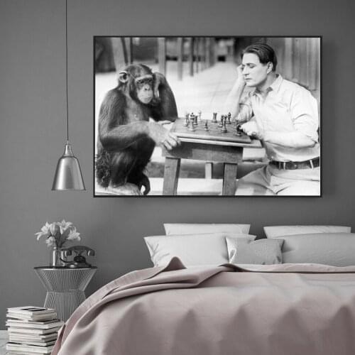 Monkey Chess Canvas Painting Funny Decor Posters Vintage Black and White Animals Wall Art Pictures For Living Room Decoration