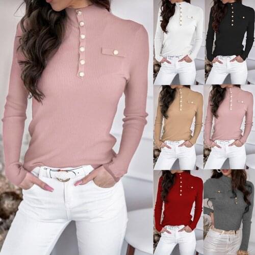 Autumn Winter Womens Solid Color Long Sleeve T-Shirts Button Pocket Thread Stripe High Neck Top T-Shirts Simplicity Styles Топы