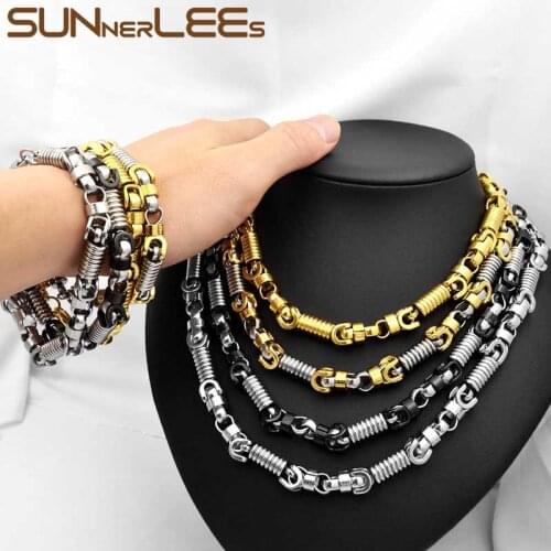 SUNNERLEES Jewelry Stainless Steel Necklace Bracelet Set 8mm Geometric Link Chain Silver Color Gold Plated Men Women SC57
