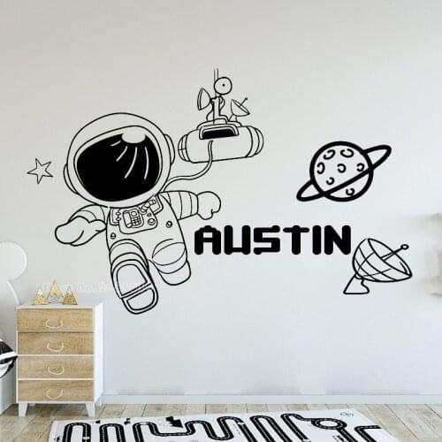 Personalized Name Vinyl Wall Stickers Astronaut Rocket Star Custom Name Wall Decal For Space Boys Room Wall Decor Posters LL2448