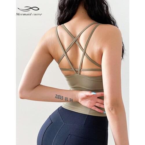Mermaid Curve Sexy Thin Shoulder Strap Cross Women Yoga Vest Quick-Drying Running Shockproof Sports Bra Vest With Chest Pad