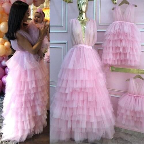 Pink Mother Daughter Matching Birthday Gowns Party Tiered Puffy Girl Dresses Tulle Infant Children Pageant Christmas Wear