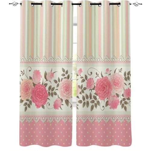 Rose Flower Pink Stripe Curtains for Living Room Bedroom Kitchen Window Treatment Curtain Home Decoration