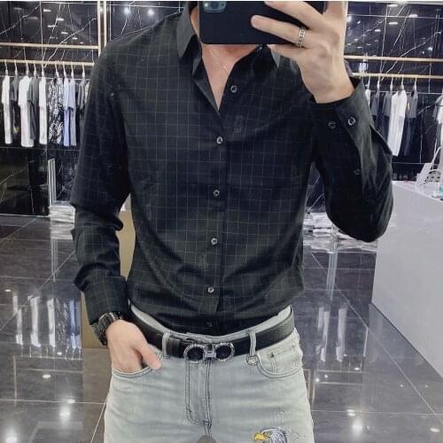 Fashion Designer Plaid Shirts For Men 2021 Trending Bear Print Long Sleeve Slim Fit Shirt Men Office Business Black White Shirt