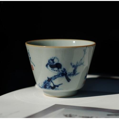 Hand Painted Blue and White Silly Bird Teacup Handmade Ceramics High-grade Quality Cup