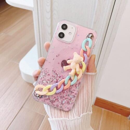 Cute Colorful Bear Hanging Chain Case For Samsung S21Ultra S20FE S20U Note20Ultra S9Plus S10Lite S10Plus Glitter Bracelet Cases