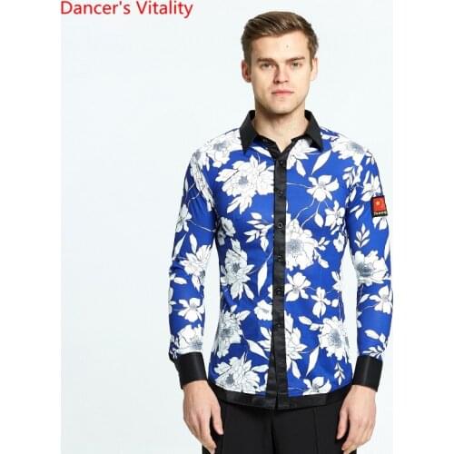 Long Sleeve Decorative pattern tops Mens Ballroom Dance Tops Adult Men Waltz Cha Cha Rumba Latin Dance Stage Performance Shirt
