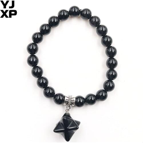YJXP Ethnic Silver Plated Black Agates Beads with Star Bracelets for Anniversary Jewelry