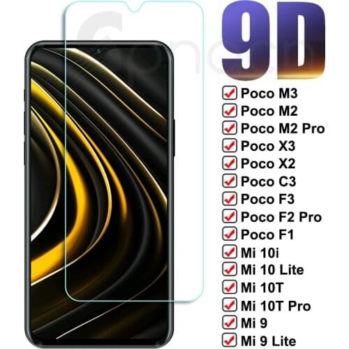 9D Tempered Glass For Xiaomi Poco X3 X2 M3 M2 C3 F3 F2 F1 Protective Glass Mi 10 9 10T Lite 9T Pro 10i Mix 2 2S 3 Glass Film