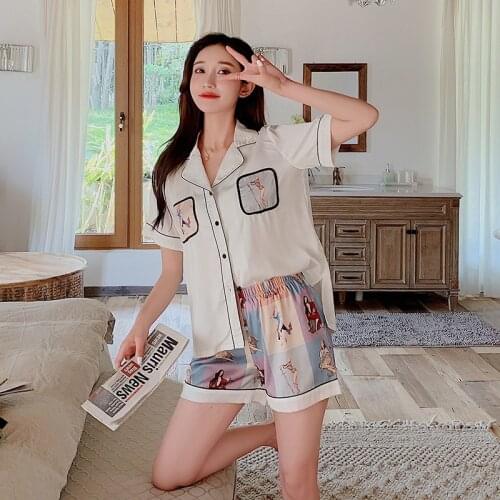 New Fashion print Shorts Pajamas Sets Women Korea Elegant Satins ice Silk Short Sleeves casual Pyjamas Women Sleepwear