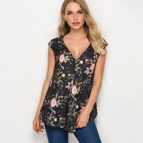2020 NEW Women Blouse Short Sleeve V-Neck Elegans Ladies Formal Chiffon Shirt Floral Printed Back Lace Panel Tops Blusa