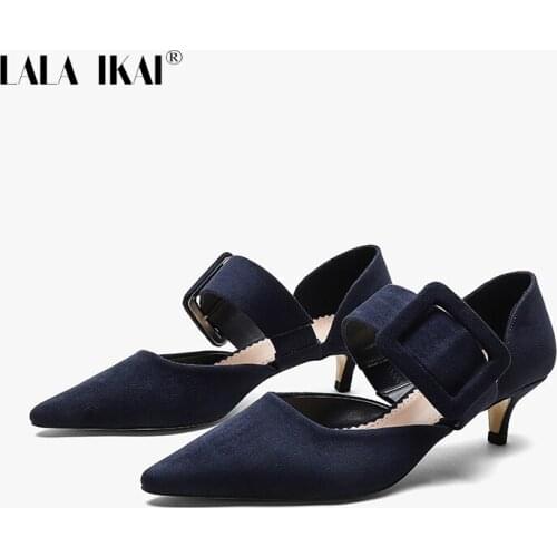 LALA IKAI Womens Summer Pointed Sandals Suede Square Button Stiletto Solid 2020 Fashion Autumn Ladies Shoes Large Size C10288-4