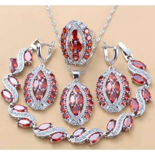 AAA+ Garnet CZ Bridal Big Red Jewelry Sets Costume Dangle Earrings Bracelet And Ring Women Dubai Wedding Jewelry