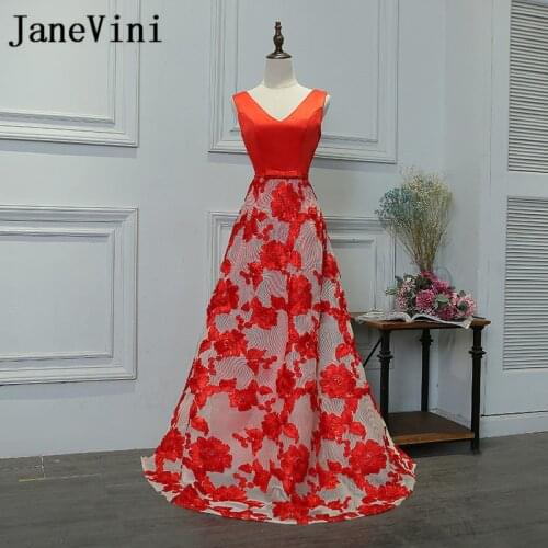 JaneVini Red Lace Long Bridesmaids Dresses 2018 Sexy V-Neck Wedding Guest Party Dresses A Line Prom Gowns Kleid Brautjungfer