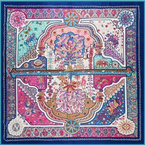 130*130cm Handkerchief Luxury Brand Reflection Fortune Tree Womens Scarf 100% Silk Fashion Ladies Bandana Sunscreen Shawl S19