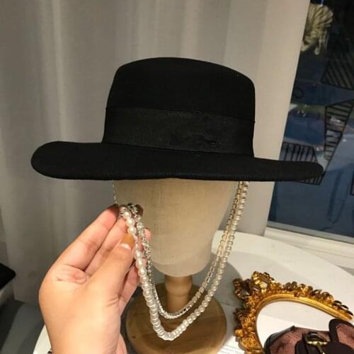 202009-weimin autumn winter wool Diamond pearl ribbon lady fedoras cap women leisure panama jazz hat