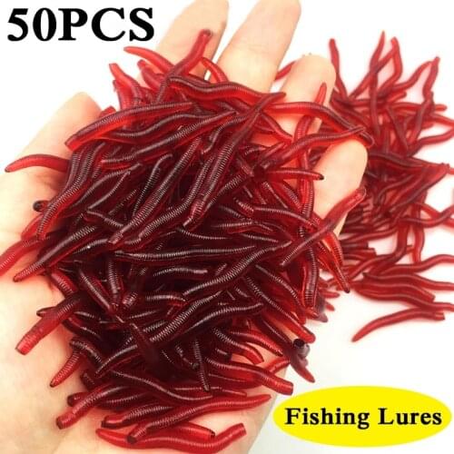 50Pcs Fishy Smell Worm Red Baits Soft Simulation EarthWorm Bloodworm Bass Trout Fish Bite Rubber Artificial Anging Bait Tackle