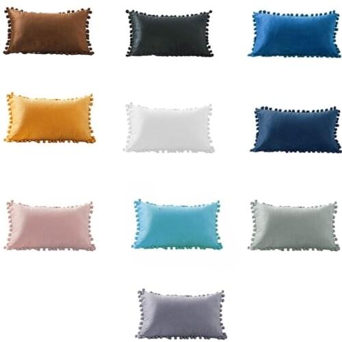 Nordic Style Velvet Lumbar Waist Throw Pillow with Pom Pom Simple Solid Color Decorative Rectangle Cushion Case S24 20