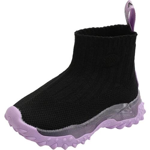 Girls' Boots 2021 Autumn New Flashing Light Knitted Soft Sole Boys Non-slip Breathable Flying Knitted Kids Fashion Short Boots