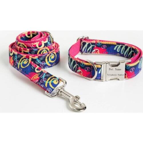 Brethable Personalized Pet Dog Collar and Traction Rope Set Graffiti Style Custom Dog Collar Leash For Small Medium Large Dogs