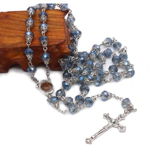 8mm Blue Crystal Beads Chain Catholic Rosary Necklace with Holy Land Medal Crucifix Cross Pendants Prayer Religious Jewelry