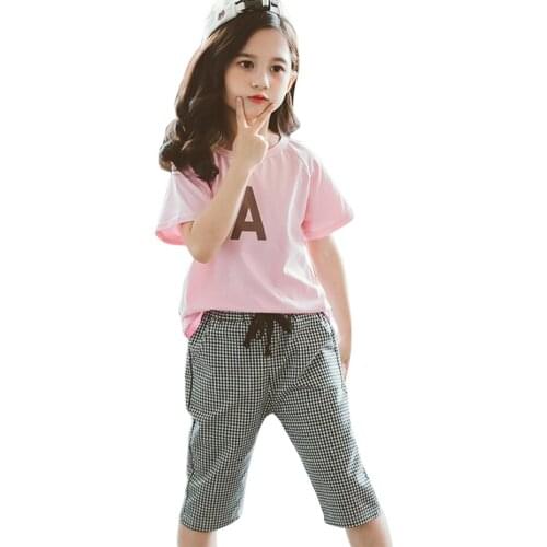 Kids Clothes Girls Letter Tshirt + Short Clothing For Girls Plaid Pattern Girls Clothing Sets Casual Style Childrens Clothes Gi