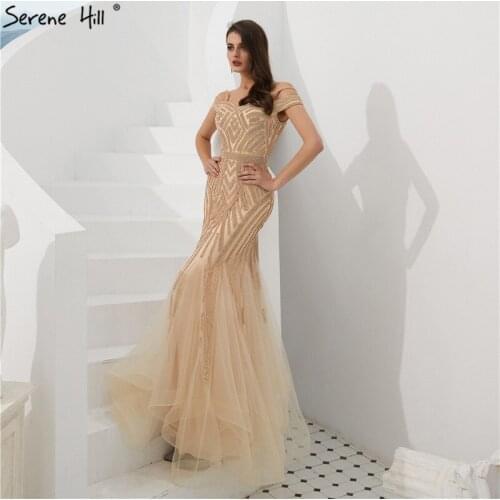 Dubai Gold Full Diamond Mermaid Evening Dresses 2021 Off Shouler Sexy Elegant Formal Gowns Serene Hill LA60807