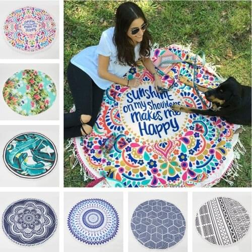 26 Colors 150cm Tassel Giant Beach Blanket Picnic Camping Mat Round Sandbeach Towel Printed Cloth Pad Bohemia Shawl Mattress Rug